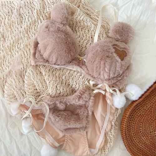 Student Plush Steel Ring Bowknot Bra Panty Set Japanese Girl Underwear Cute Anime Cartoon Bear Women Sexy Lingerie Set
