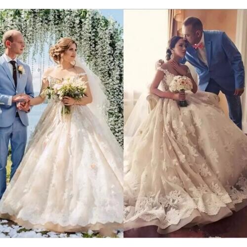 Custom Made Lace Princess Wedding Dresses Vintage Appliques Champagne Dubai Arabic Off Shoulder A Line bridal Wedding Gowns