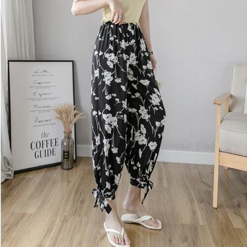 Summer Pants Women Ice Silk Chiffon Print Moda Feminina Verao 2021 Gedruckt High Waist Baggy Harem Ankle-Length Pants A185