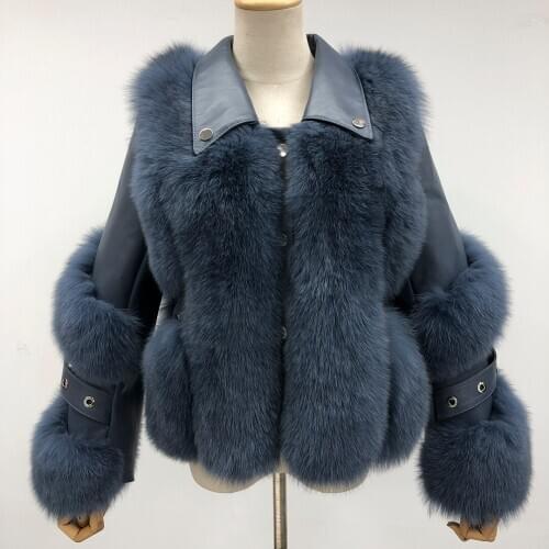Fur Coat Real Fox Fur Women Genuine Sheepskin Collar Short Luxury Fashion Fur Jacket New Style