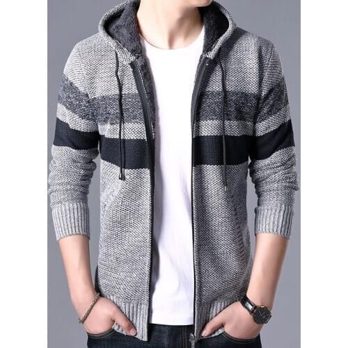 2019 New Patchwork Mens Sweaters Autumn Winter Warm Zipper Cardigan Sweaters Man Casual Knitwear Hooded Sweatercoat Male