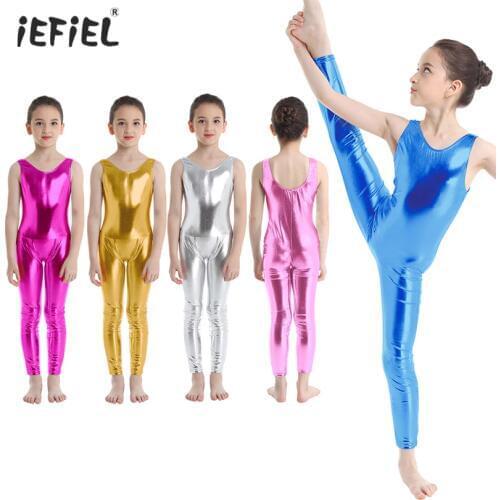 New Kids Girls Ballet Costume Sleeveless Shiny Metallic Gymnastics Leotard Unitard Ballerina Performance Dancewear Children Sets