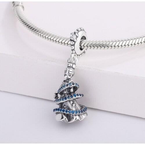 925 Sterling Silver Beads Blue Zircon Surround In Beautiful Long Skirt Girl Pendant Charms Bracelet For DIY Jewelry Making