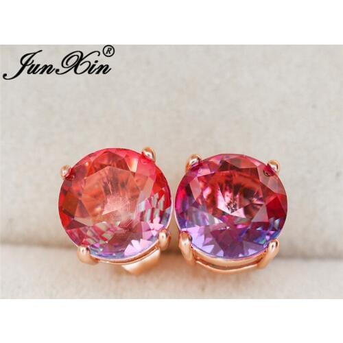 Rainbow Fire Crystal Stone Round Earrings Rose Gold Mystic Red Blue Purple Zircon Ear Stud Earrings For Women Wedding Jewelry CZ