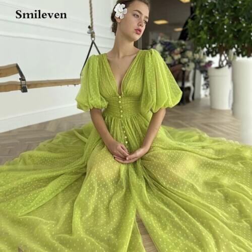 Smileven Polka Dots Tulle Evening Dress Sexy V Neck Formal Dresses Evening Gowns Ruched Puff Sleeve Long Prom Party Dresses