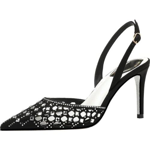 Glitter Rhinestone Drill Lattice Cutout Pumps Lady Back Strap Thin Heels Wedding Shoes black suede Pointed Toe crystal high Hee