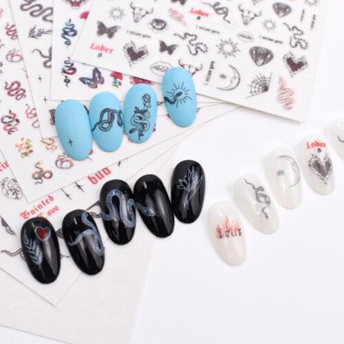 Nail Sticker Snake Dragon Butterfly Black Multicolor Decals Nail Art Tattoo Slider Water Transfer Letter Nails Art Decoration