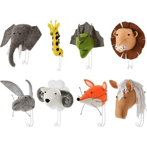 W3JE 3D Cartoon Animal Head Decoration Plush Dinosaur elephant Elk Toy Childrens Room Ornament Doll Wall Mounted Hook