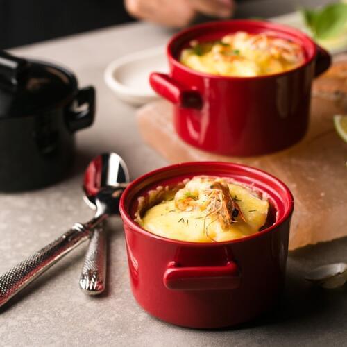 Japanese ceramic baking bowl red with lid small baking bowl baking dish tableware binaural baking bowl flat bottom dessert bowl