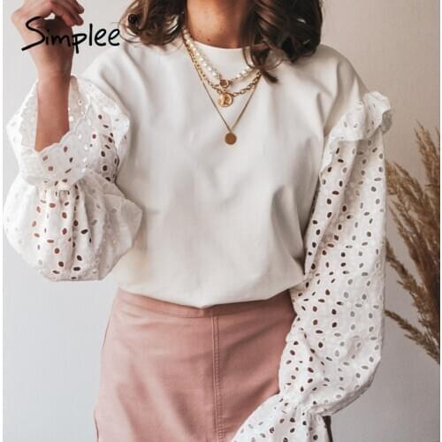 Simplee Solid knitted women work blouse Fashion flower pattern hollow long sleeve pullover Casual round neck ladies home blouse