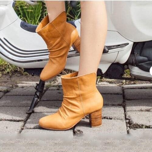 Women Leather Ankle Boots Pleated Womens Short Boots Cork Heel High-heeled Boots Old Style Western Boots Simple Without Lace-up