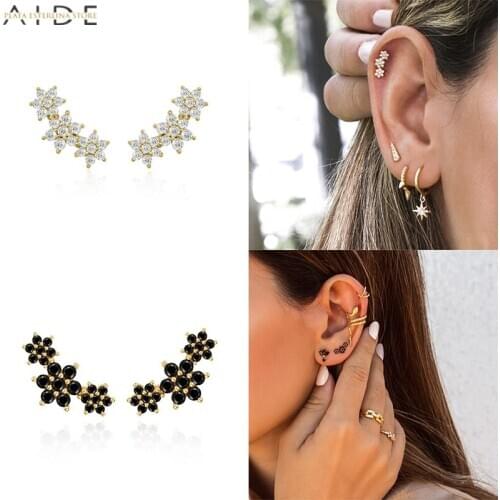 Aide 925 Sterling Silver Clear Black Zircon Crystal Three Flower Stud Earring 2020 Women Fashion Wedding Party Fine Jewelry