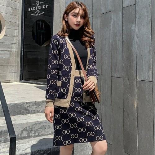 Womens Elegant High Street Knitting Skirt Sets Spring Autumn Slim Cardigans Sweater Top + Mini Skirt Lady Vintage Knitted Suits