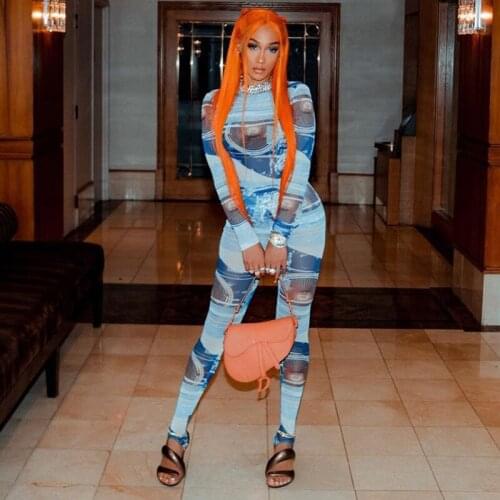 Women Autumn Long Sleeve Zipper Printed Bodycon Jumpsuit Overall 2021 Fall Female Clothing Streetwear Wholesale Items