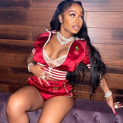 2021 Summer Women Tracksuit Two Piece Set Strawberry Embroidery Zip Up Crop Tops Coat Shorts Pants Patchwork High elastic Outfit