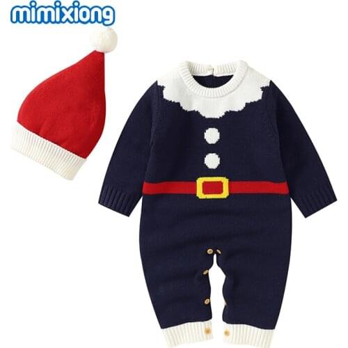 Baby Rompers Christmas Santa Claus Knitted Newborn Bebes Unisex Jumpsuits Caps Outfits Winter Warm Infant Boy Girl Overall 0-18m