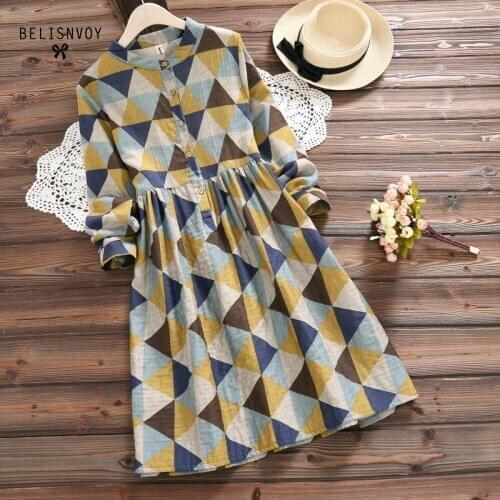 Japanese Mori Girl Autumn Spring Women Vintage Dress Stand Collar Geometric Printed Loose Dress Cotton Linen Vestidos Femininos