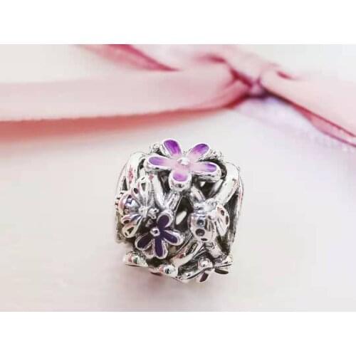 2021 Spring Collection Charm 925 Sterling Silver Openwork Purple Daisy Charms Fit Beads Bracelets Pendant DIY For Women Jewelry