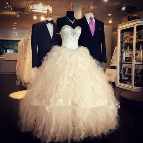 Bealegantom New 2019 Champagne Quinceanera Dresses Ball Gown Crystals Lace Up Vestido De Debutante Sweet 16 Party Dress QA1475