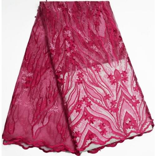 Free shipping (5yards/pc) high quality embroidered French net lace fushia pink African tulle lace with beads for party FLP846