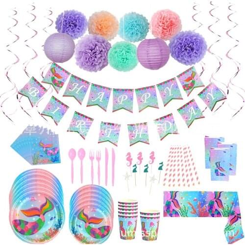 Mermaid Birthday Party Decoration Plates Cups Birthday Party Disposable Tableware Little Mermaid Birthday Party Supplies