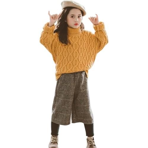 Kids Knitted Clothes Solid Color Suit For Girls Sweater + Cake Pants Big Girls Clothes Teenage Childrens Costume