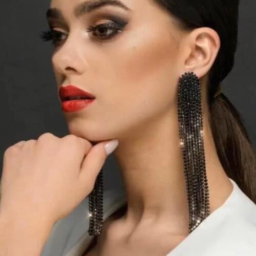 European and American fashion mysterious Black Rhinestone long tassel hanging earrings for womens wedding banquet Crystal Earri