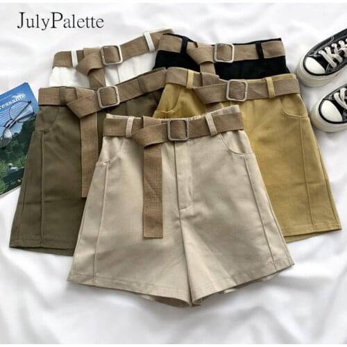 JulyPalette Solid High Waist Casual Shorts Women Cotton Belt Female Short Bottoms Summer Fashion Short Pants Streetwear Shorts