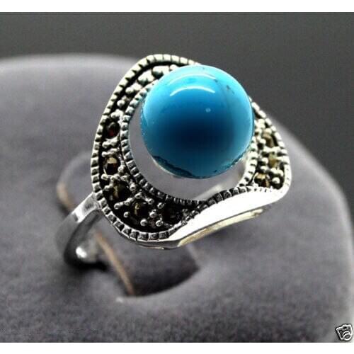 Wholesale good 13X15MM Vintage 6mm Blue Turquoisers stone Marcasite 925 Sterling Silver Ring Fine mans jewelry Genuine wedding