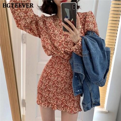 BGTEEVER Stylish Women Floral Print Mini Dress O-neck Full Sleeve Elastic Slim Waist Female Short Dress Summer Ladies Vestidos