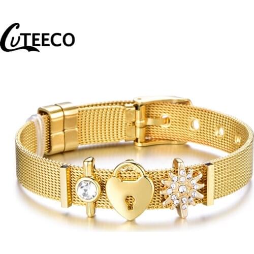Fashion Gold Color Stainless Steel Mesh Bracelets Crystal Sun Charms Pan Bracelets Adjustable Bracelet for Women Gifts