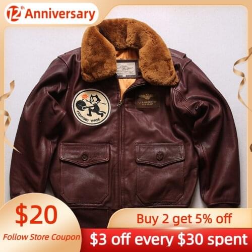 2021 Brown Military Style Pilot Leather Jacket Men Europe Size 3XL Genuine Natural Cowhide Winter Warm Short Aviation Coat