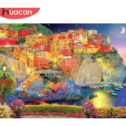 HUACAN Full Drill Diamond Painting Kits Seaside Town Mosaic Embroidery Night View Cross Stitch Childrens Room Decor