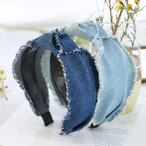 New retro rough Edg denim knotted Jeans headband toothed non-slip female outside headband blue hair bezel turban hair accessory