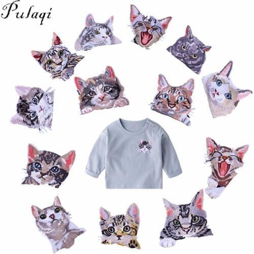 Pulaqi Pocket Cat Patch High Quality Lifelike 3D Embroidery Iron On Patches For Clothes Fabric Sticker Cute Cat Applique Decor F