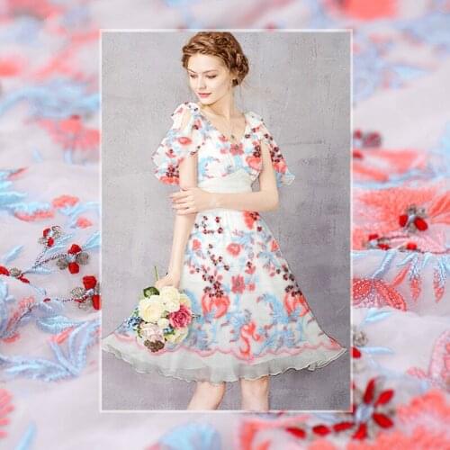 Pink flower high - end silk embroidery fabric silk fabric mulberry silk fabric summer skirt fabric