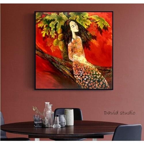 Hand Pained Knife Painting Abstract Art Lady with Cat in Vietnamese Art for Living Room Wall Decoration