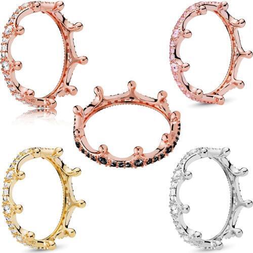 Seialoy Fashion Rose Gold Zircon Crown Rings For Women Men Couple Friendship Stackable Ring Wedding Engagement Jewelry Gift