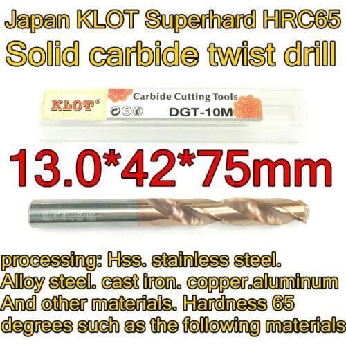 13.0*42*75mm 1pcs Japan KLOT HRC65 coating Solid carbide twist drill processing Hardness 65 degrees following materials