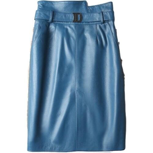 2020FW Autumn High Quality Genuine Leather Female Casual A-Line Fashion Skirt With Belts 2 Color