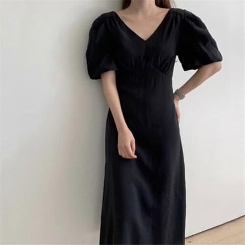 Yellow Summer Dress Women V-Neck Short Sleeve Casual Solid Long Midi Dress Lantern Sleeve Loose Oversized Black Party Dress Z239