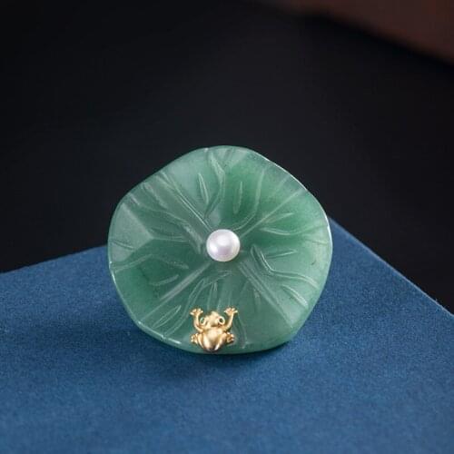 925 Sterling Silver Creative Aventurine Lotus Leaf Frog Brooch Men and Women Temperament Elegant Clothing Accessories Brooch