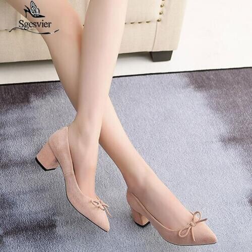 SGESVIER New Spring Fashion Bowtie Women Pumps High Heels Pink Black Thick Heel Shoes Woman Slip On Ladies Wedding Shoes OX239