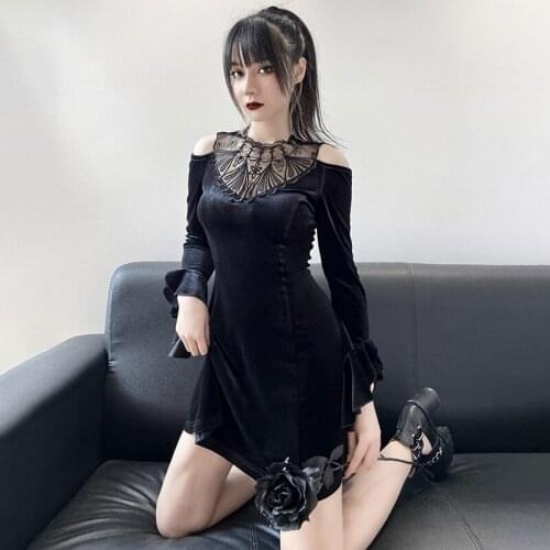 Gothic Dark Angel Lolita Girl Dress Spring/Autumn Korean Harajuku Women Slim Lace Strapless Lace Stitching Woman Sexy Dress