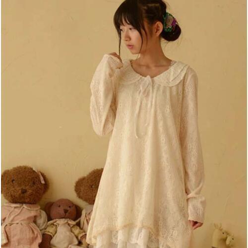 Japanese Spring Womens Lace Peter Pan Collar Long Sleeve Sweet Medium Princess Laciness Cute Lovely Lolita Dress Mori Girl C208