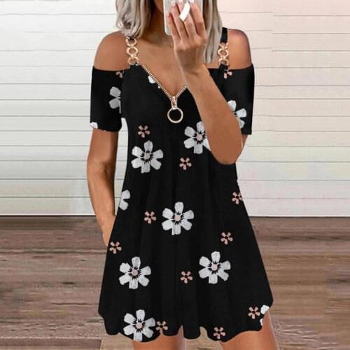 New Fashion Mini Dress Feather Print V Neck Women Metal Ring Sling Zipper Dresses Loose Temperament Party Mid-length Vestidos