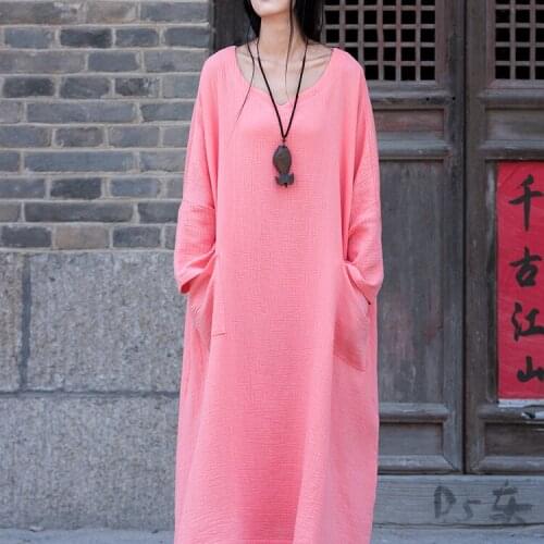 2020 Cotton And Linen Long Vestidos Vintage Batwing Sleeve Pocket Plus Size Women Maxi Summer Dress