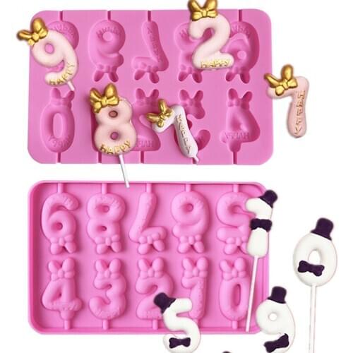 0-9 Digital Lollipop Silicone Mold Bow Hat Chocolate Cheese Stick Mold DIY Handmade Candle Mold