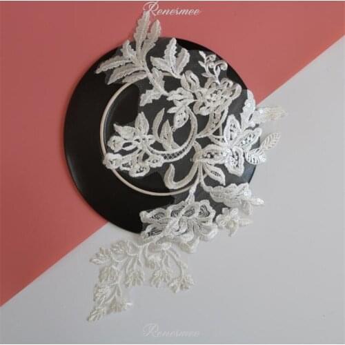 1Pair Ivory Clear Sequins Lace Applique Patch Lace Sewing Crafts Lace For Wedding Dress Decoration Headband DIY 22X36.5cm SX304