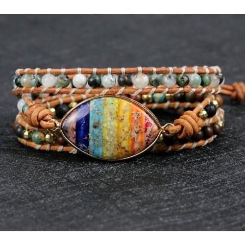 2021 high quality Handmade 7 Chakra Natural Stone Leather Wrap Bracelet&Bangle for Women Men Jewelry Bracelet drop shipping